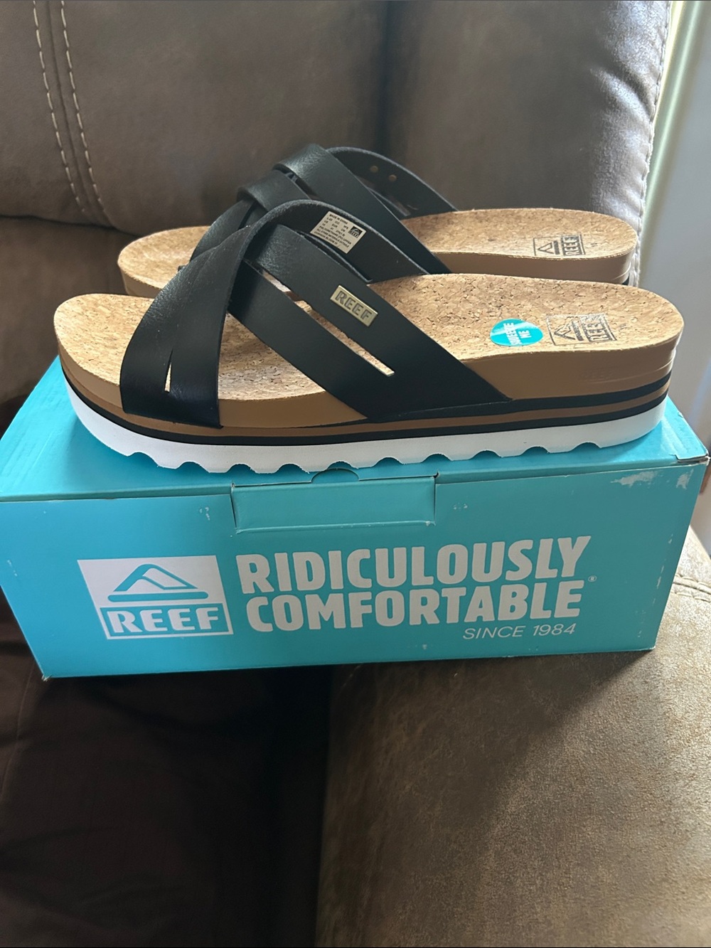 Reef Women's Black Cork Platform Slide Sandals with White Sole